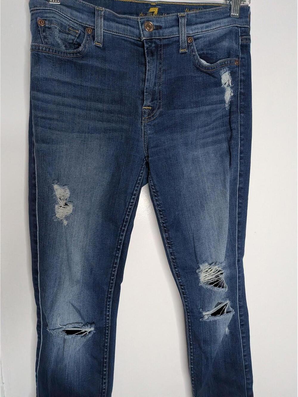 7 For All Mankind Jeans Womens 27 Blue Mid Rise Ankle Skinny Distressed Denim - Picture 2 of 8
